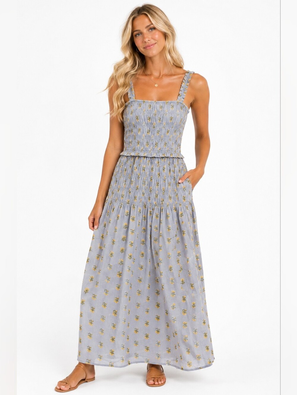 Universal Thread Light Blue Maxi Dress with Yellow Floral Smocking NWT Size XS